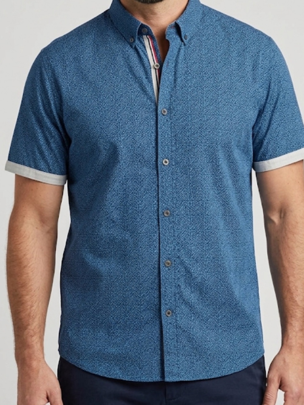 Report Collection Men's Blue print Short Sleeve shirt with contrast trim XXL